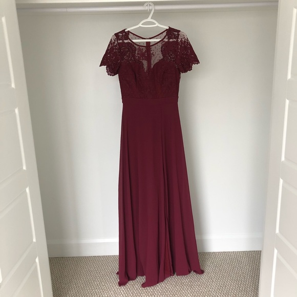 Burgundy Lace Bodice Maxi Dress with Cap Sleeves and Leg Slit from Maniju - Picture 11 of 12